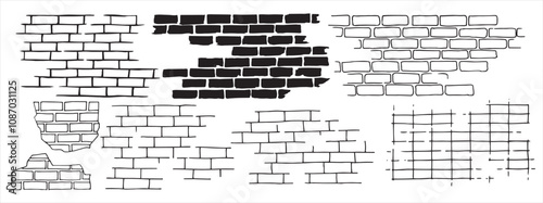 set of brick and stone wall textures, linear drawing in doodle style.