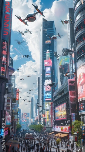Futuristic city with flying drones and digital billboards, 3d render