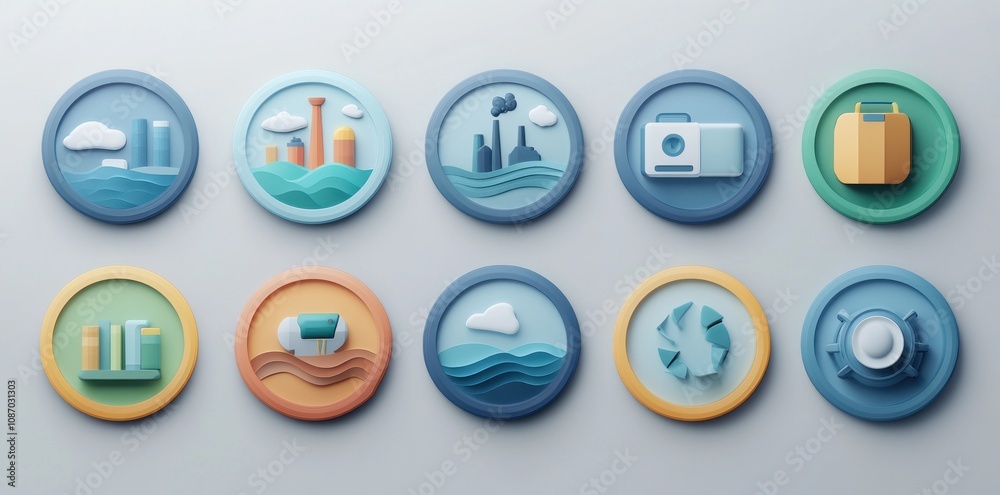 Circular Icons with 3D Rendered Symbols on a White Background Circular Icons with 3D Rendered Symbols on a White Background