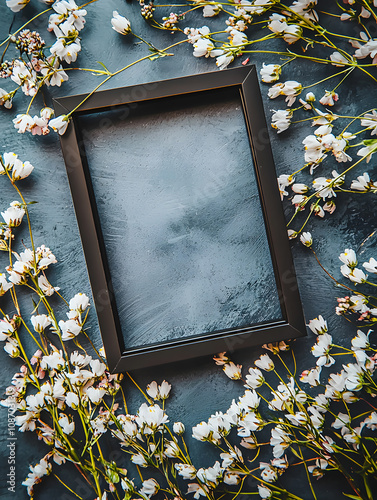 horizontal photo frame mockup, on the table with spring flowers