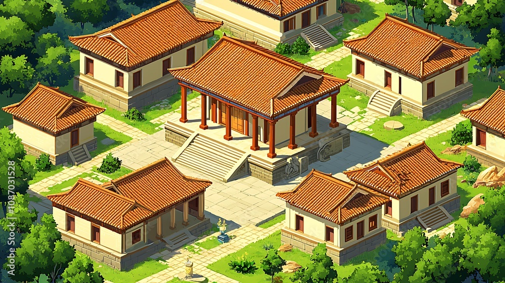 Aerial View of a Traditional Asian Village Isometric Illustration of Ancient Chinese Architecture. Aerial View of a Traditional Asian Village Isometric Illustration of Ancient Chinese Architecture.