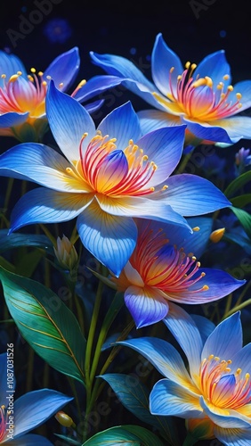 濃い青の花びらが夜の中で静かに輝き、中心部の金色のグラデーションが花全体に温かみを加えている。葉の緑と花の鮮やかなコントラストが、夜空に生命感を吹き込んでいる。

