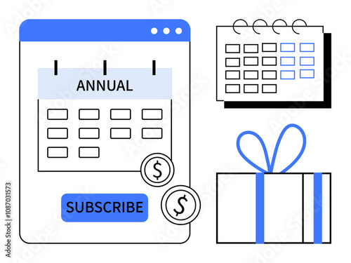 Interface featuring an annual subscription calendar, subscribe button, and payment icons. Calendar with marked dates. Present with blue ribbon. Ideal for membership, payment, rewards, reminders