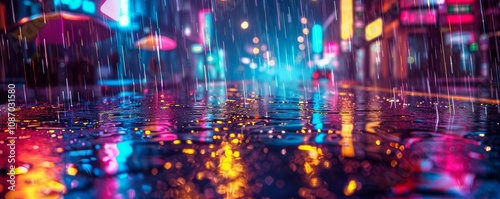 Neon-lit street with rain falling and reflections on the ground, 4K hyperrealistic photo.