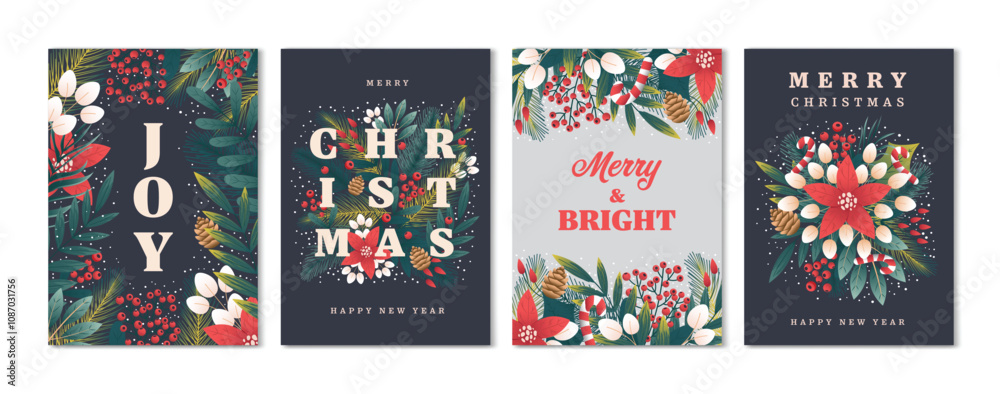 Fototapeta premium Set of Christmas and Happy New Year Floral Card templates. Christmas cards design with ornaments of branches, berries and leaves. Vector Illustration