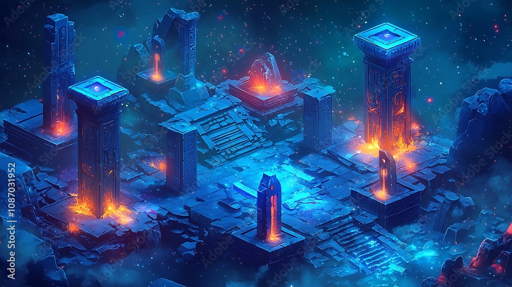 Ethereal Ruins A Mystical 3D Render of Ancient Stone Pillars and Structures Burning with Ethereal Flames. Ethereal Ruins A Mystical 3D Render of Ancient Stone Pillars and Structures Burning with Ethereal Flames.