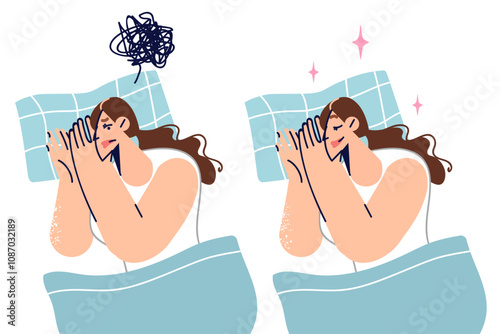 Woman feeling insomnia lying on bed, falls asleep after taking sleeping pill recommended by doctor