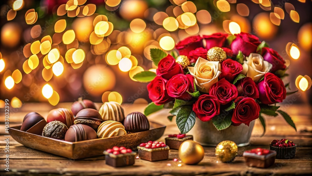 Romantic Chocolate and Flower Arrangement for Valentine's Day with Bokeh Background Perfect for Celebrating Love and Affection in Style Romantic Chocolate and Flower Arrangement for Valentine's Day with Bokeh Background Perfect for Celebrating Love and Affection in Style