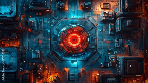 Futuristic Cityscape Aerial View of a Cyberpunk-Style Metropolis with Glowing Central Core. 