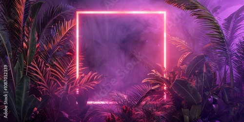 Tropical plants illuminated with orange and violet fluorescent light. Jungle environment with square neon frame. 3D Render.