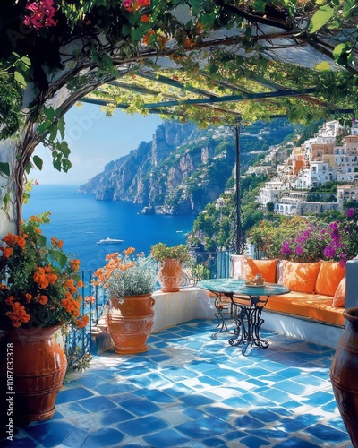 View of the open sea from the lovely terrace covered with bougainvillea photo