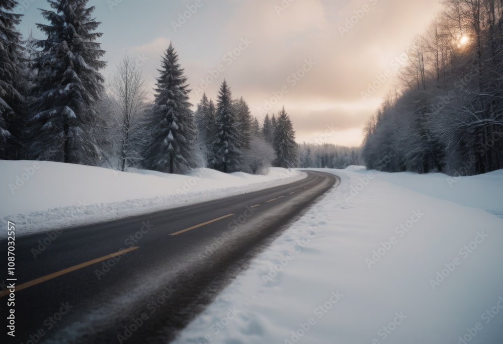 AI generated winter road in the forest. Beautiful winter landscape. AI generated winter road in the forest. Beautiful winter landscape.