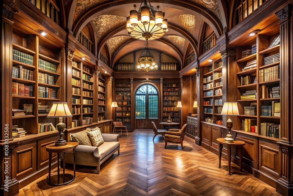 Spacious Library Interior with Wooden Shelves and Elegant Lighting Creating a Warm, Inviting Atmosphere Through an Arched Entrance for Cozy Reading Experiences Spacious Library Interior with Wooden Shelves and Elegant Lighting Creating a Warm, Inviting Atmosphere Through an Arched Entrance for Cozy Reading Experiences