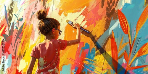 Cartoon young girl painting a mural on an outdoor wall, 3D render.