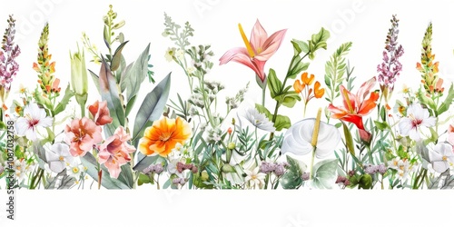 Gentle watercolor floral seamless border. Tuberose, vincas, wallflowers, yarrow, yucca, zephyranthes, amaranthus, anthuriums, artemisia, baby's breath, simple vector illustration on white background. photo