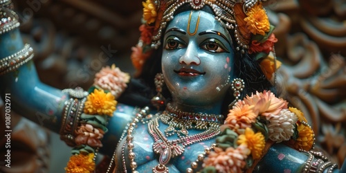 Close-up of a vibrant blue Lord Krishna statue adorned with flowers and jewels. Concept of Hindu deity, Indian culture, and spirituality.