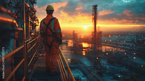 A refinery engineer in protective gear stands on a platform overlooking an industrial site during a stunning sunset, symbolizing industry and innovation. photo