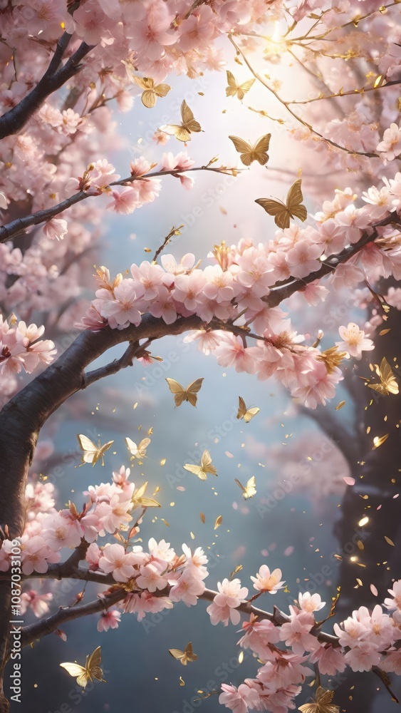 Obraz premium 桜の花が満開の木々の間を飛び交う金色の蝶々たち。光が柔らかく差し込み、幻想的でロマンチックな雰囲気が漂う。