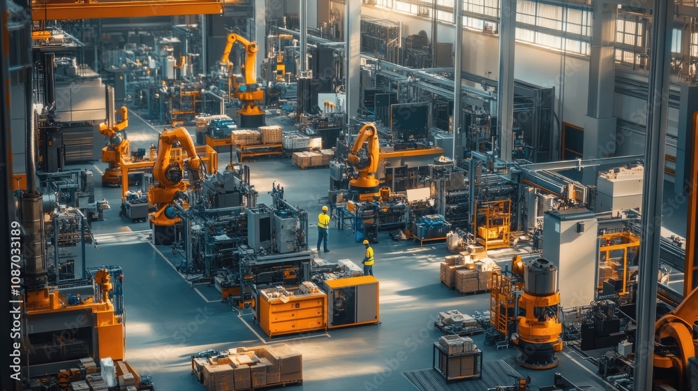 Automated Factory Assembly Line with Industrial Robots Automated Factory Assembly Line with Industrial Robots