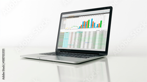 A professional laptop on a white background displaying a financial spreadsheet with rows of numerical data