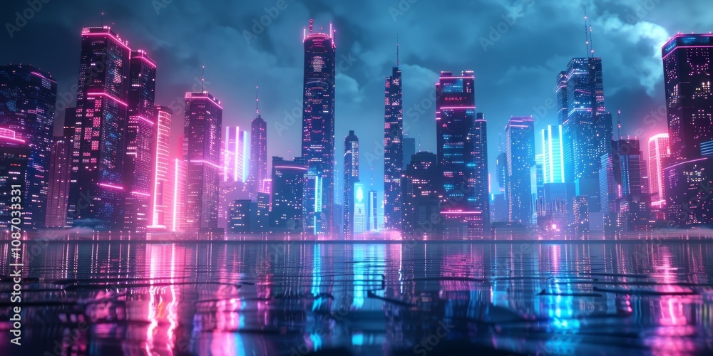 Sci-fi city skyline with blue and pink neon lights. Night scene with advanced skyscrapers. 3D Render. Sci-fi city skyline with blue and pink neon lights. Night scene with advanced skyscrapers. 3D Render.