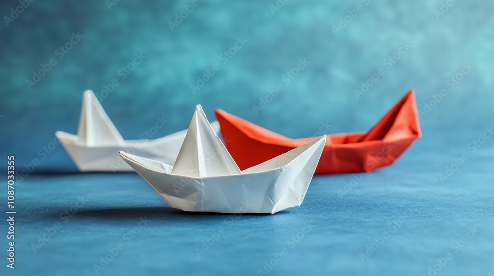 Two white origami boats lead a red boat on a blue surface. Two white origami boats lead a red boat on a blue surface.
