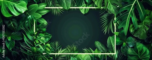 Green neon square frame with leaves on black background, in geometric shapes style, tropical, luminous, dark green and bright green.