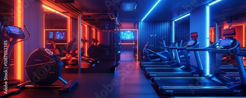 Cardio room at night: Neon lights illuminate treadmills, stationary bikes, elliptical trainers, rhythmic blinking creates futuristic ambiance. photo