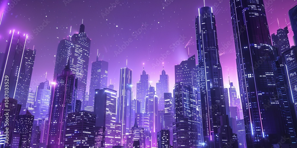 Sci-fi city skyline with purple and silver neon lights. Night scene with advanced skyscrapers. 3D Render. Sci-fi city skyline with purple and silver neon lights. Night scene with advanced skyscrapers. 3D Render.