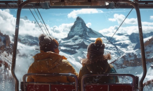 Family riding a cable car up the mountain, with snowy peaks in the distance. 4K hyperrealistic photo