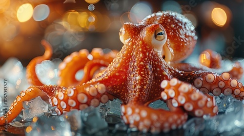 Fresh octopus on ice with bokeh lights.