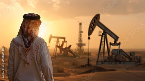 An Arab man inspects oil drilling projects in Saudi Arabia. Oil exploration in Saudi Arabia. Arab professionals inspect Saudi oil fields.