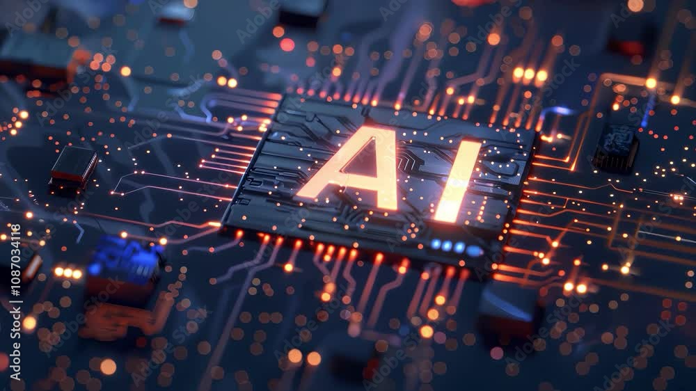 Artificial Intelligence on processor in computing system, AI machine learning innovation, electronic circuits tech connections