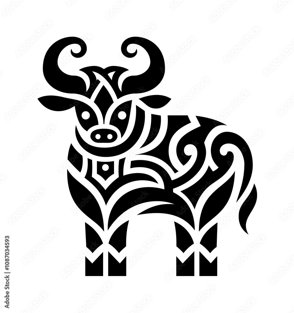 Fototapeta premium Decorative standing cow stencil drawn in tribal tattoo style. Black vector isolated on white illustration.