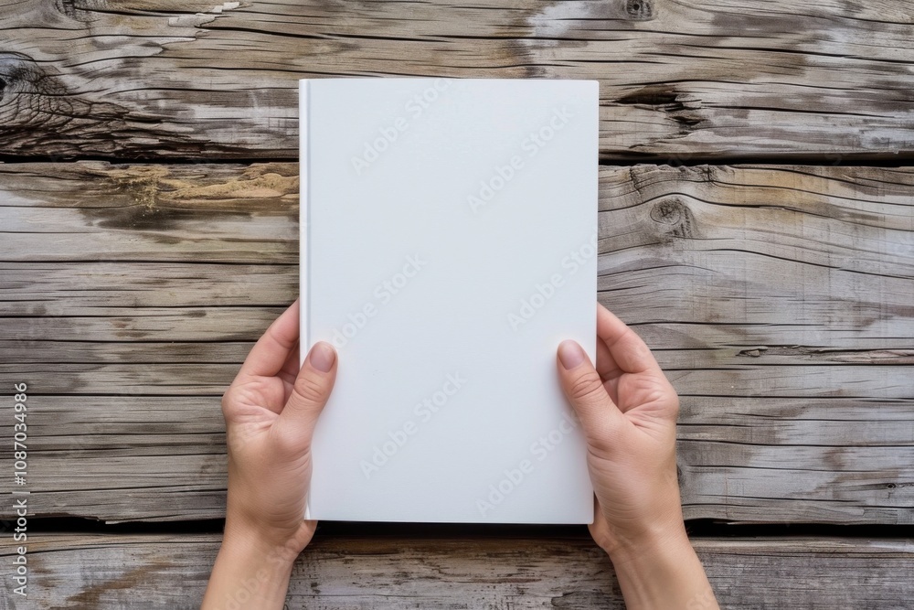 Hands Hold Blank Book Cover on Rustic Wood Background for Mockup Design Hands Hold Blank Book Cover on Rustic Wood Background for Mockup Design
