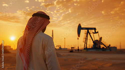 An Arab man inspects oil drilling projects in Saudi Arabia. Oil exploration in Saudi Arabia. Arab professionals inspect Saudi oil fields.