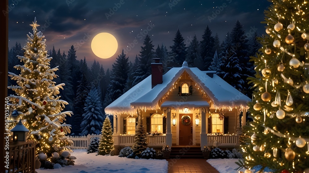 Fototapeta premium A dazzling Christmas wonderland: sparkling ornaments, lush greenery, frosty accents, and warm, golden lights creating a magical holiday atmosphere.
