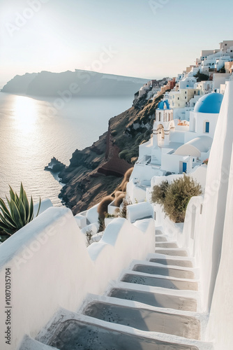 Santorini's Iconic Blue Domes and Clifftop View at Sunset