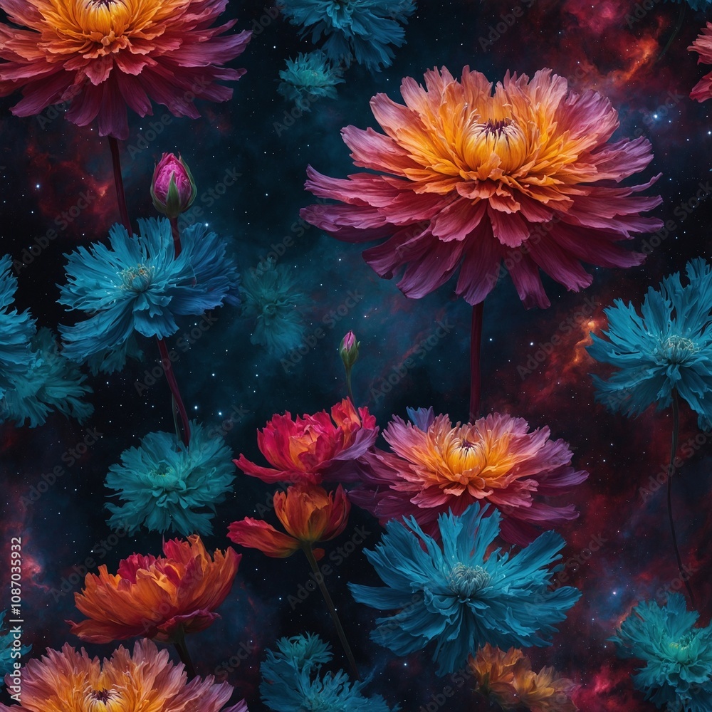 Abstract flowers painted in vivid colors with a cosmic nebula backdrop.

