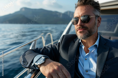 Wallpaper Mural Photo of handsome rich man on summer cruise by boat generative AI Torontodigital.ca