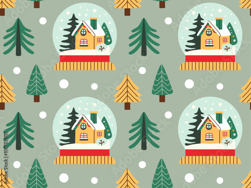 Seamless festive pattern featuring snow globes with cozy houses, evergreen trees, and snowflakes. Ideal for Christmas designs, gift wrap, and seasonal decorations in flat style.