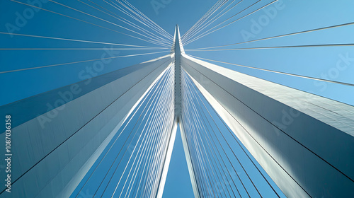 A Low Angle View of a Modern White Bridge with a Blue Sky in the Background