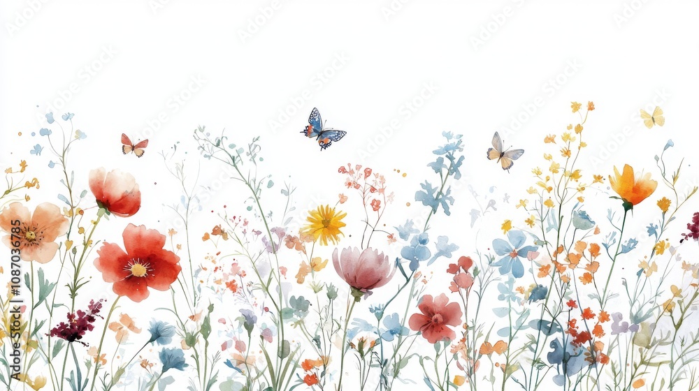 Fototapeta premium Vibrant Watercolor Meadow Flora and Butterflies, ideal for printed materials, party invitations, weddings, wallpapers, textiles, digital scrapbooking, and greeting cards