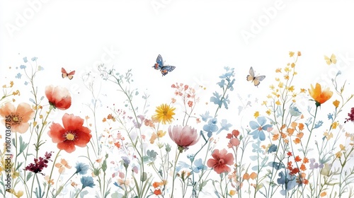 Vibrant Watercolor Meadow Flora and Butterflies, ideal for printed materials, party invitations, weddings, wallpapers, textiles, digital scrapbooking, and greeting cards