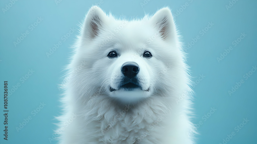 A Close-Up Portrait of a White Fluffy Dog with Perky Ears Looking Directly at the Camera Against a Light Blue Background A Close-Up Portrait of a White Fluffy Dog with Perky Ears Looking Directly at the Camera Against a Light Blue Background