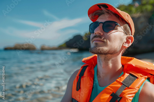 Generative AI Image of Lifeguard on Duty with Lifebuoy on Ocean Beach photo