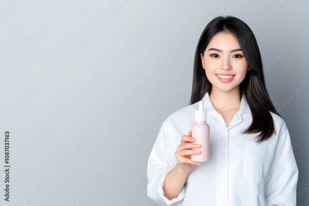 Promoting skincare young woman holding product minimalist background portrait photography clean aesthetic beauty concept Promoting skincare young woman holding product minimalist background portrait photography clean aesthetic beauty concept