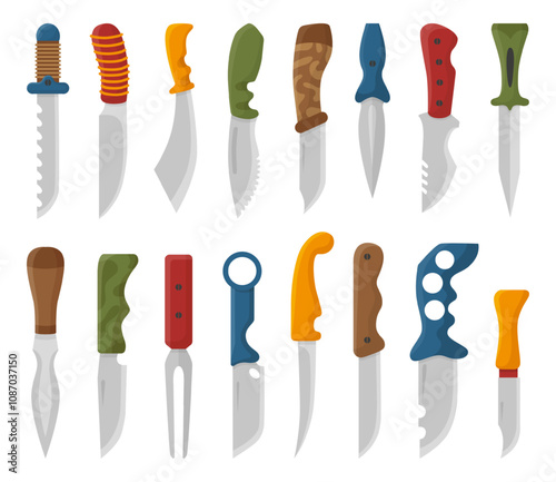 Flat survival knives. Hiking camping hunting equipment with blades. Knife for self care or defense. Cold weapons, tools for cutting, neoteric vector set