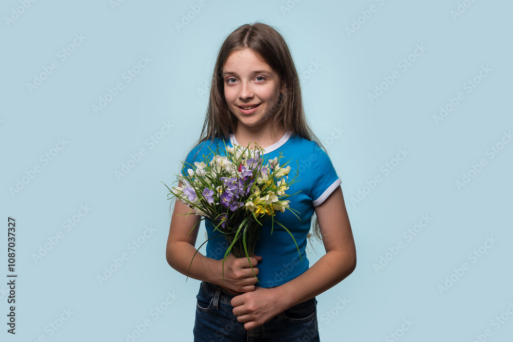Young girl holding colorful bouquet of flowers Young girl holding colorful bouquet of flowers