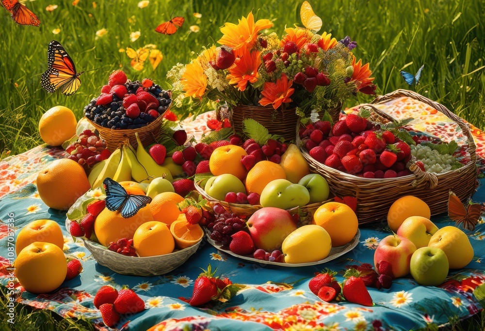 vibrant seasonal fruits arranged neatly colorful picnic blankets creating joyful outdoor atmosphere full life, apples, berries, baskets, bright, cheerful vibrant seasonal fruits arranged neatly colorful picnic blankets creating joyful outdoor atmosphere full life, apples, berries, baskets, bright, cheerful